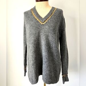 ZARA KNIT Grey Sweater with Gold Chain Detailed neck and cuffs. Relaxed Small.